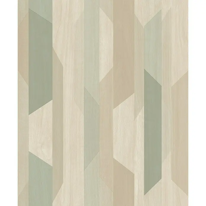 Papel pintado Geométrico - Marrón/Verde, 10 x 0,53 m - Representación abstracta de un suelo de madera con patrones geométricos en suaves tonos verdes y beige. Elemento decorativo ideal para espacios modernos.