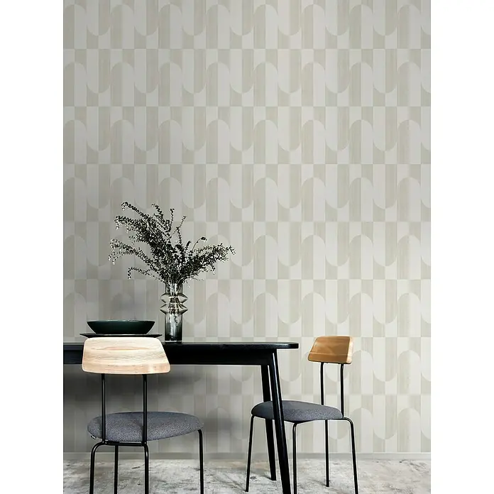 Papel pintado Geométrico - Blanco/Plateado, 10 x 0,53 m - Elegante papel pintado con un patrón curvo en tonos neutros, creando un ambiente chic y contemporáneo en cualquier habitación.