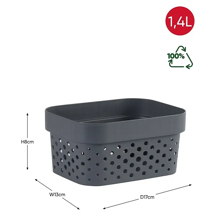 Curver Aufbewahrungsbox Infinity - L x B x H: 16,7 x 12,5 x 8,3 cm, Kunststoff, Grau - Aufnahme eines rechteckigen, perforierten dunkelgrauen Aufbewahrungskorbs mit Größenangaben.