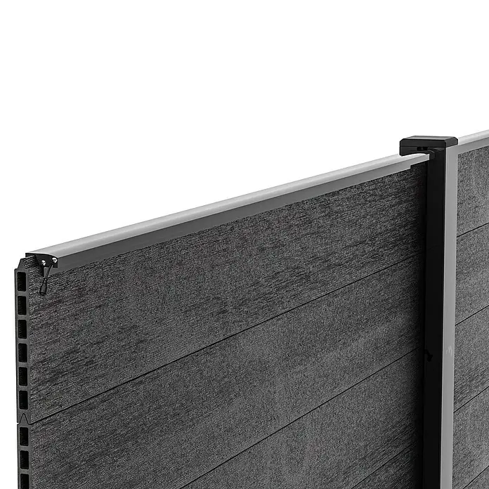 LyghtUp Zaunbeleuchtung Starter-Set - Länge: 173,3 cm, Anthrazit, Passend für: WPC- und Aluminium-Steckzäune, 7 -tlg. - Nahaufnahme eines grauen Gartenzauns aus WPC-Material, das eine moderne und langlebige Lösung für den Außenbereich darstellt.