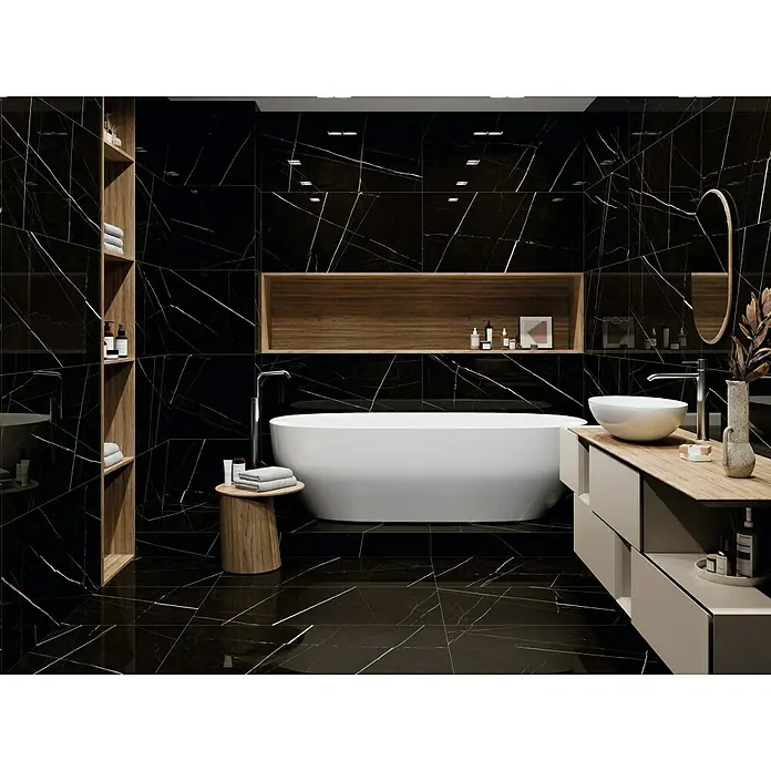 Pavimento porcelánico Sahara - 60 x 120 cm, Negro, Brillante, Rectificado - Elegante baño con suelo de mármol negro, bañera exenta y tocador con elegante espacio de almacenamiento para elementos esenciales del baño.