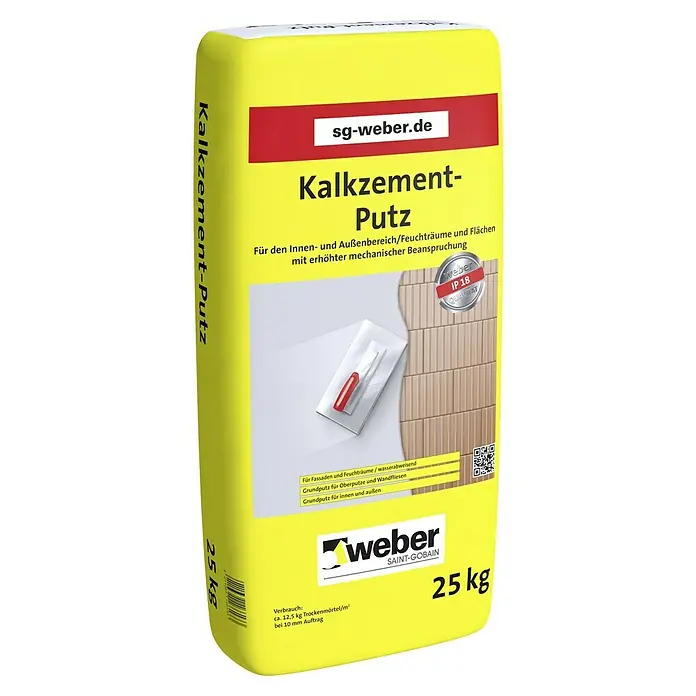 SG Weber Kalkzementputz IP 18 - 25 kg, Zement - Sack Kalkzement-Putz von Weber mit 25 kg Gewicht, geeignet für Innen- und Außenbereiche. Für Fassaden, Feuchträume und als Grundputz.