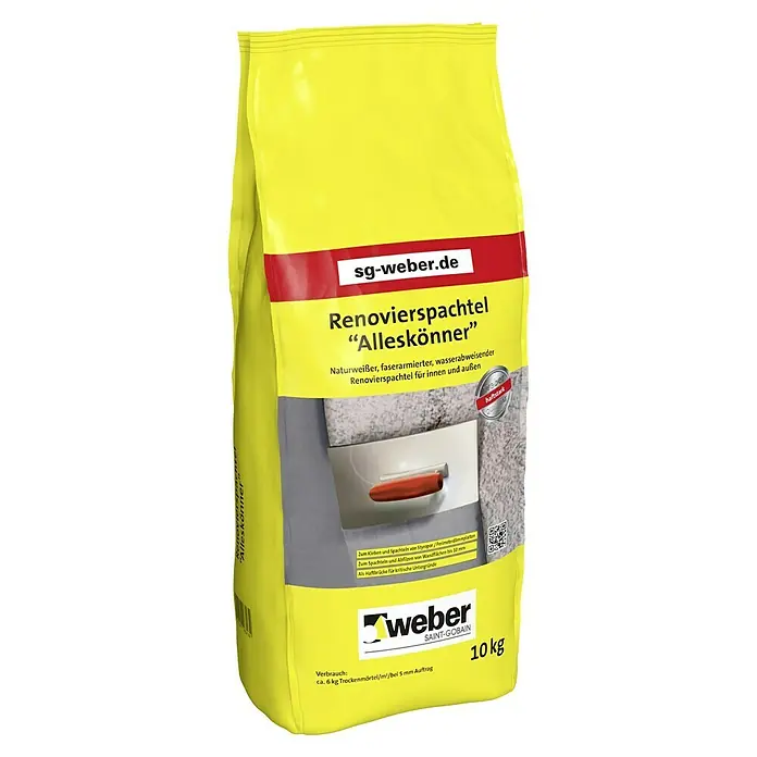 SG Weber Renovierspachtel Alleskönner - 10 kg - Produktbild einer 10 kg Packung Weber Renovierspachtel "Alleskönner" für innen und außen, naturweiß, faserverstärkt und wasserabweisend.