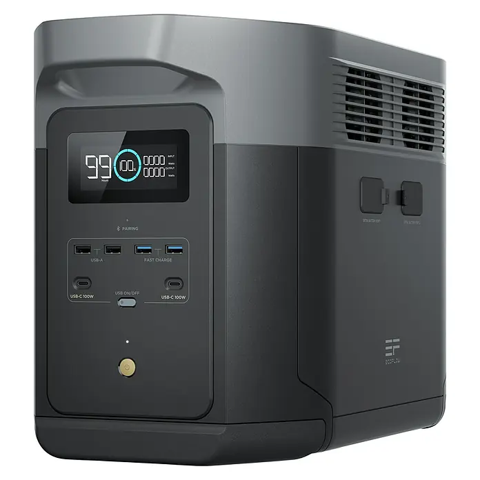 EcoFlow Estación de energía portátil - 2.048 Wh, Negro - El dispositivo de alimentación EcoFlow con puertos USB y una pantalla que muestra la duración restante de la batería.