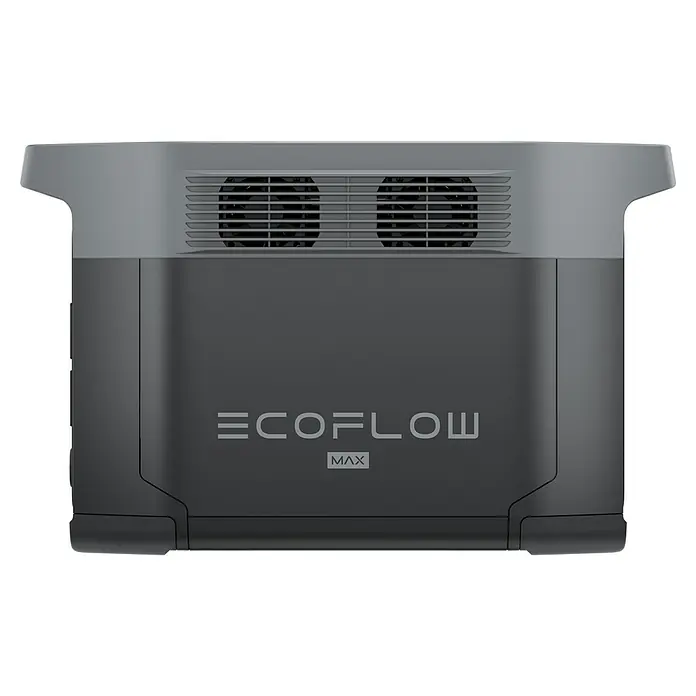 EcoFlow Estación de energía portátil - 2.048 Wh, Negro - Aquí hay una estación de energía EcoFlow Max, con ventiladores y el logotipo de EcoFlow, una fuente de energía fiable.