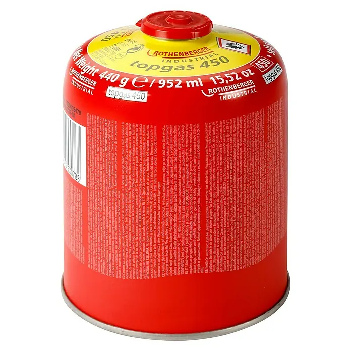 Rothenberger Industrial Schraubkartusche 450 - Gewinde: 7/16" - ROTHENBERGER Topgas 450: Gaskartusche für Industriebrenner, ideal für Handwerker und Profis. Zuverlässige Leistung für vielfältige Anwendungen.