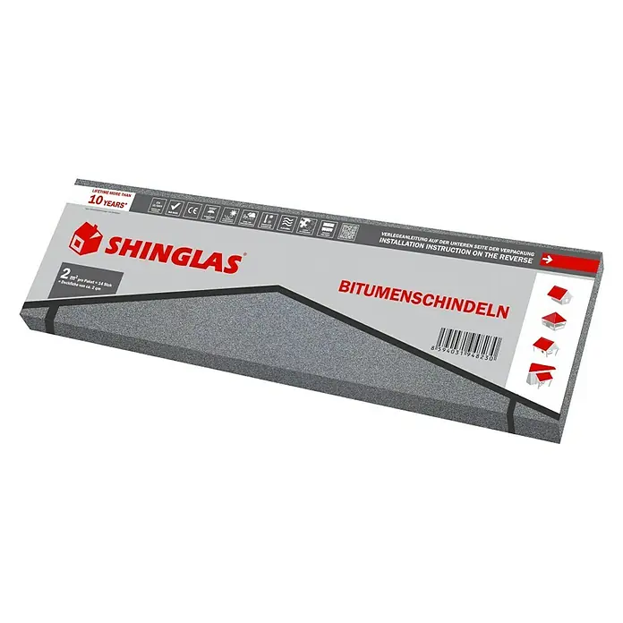 Rechteckschindel - Grau, 14 Stk., Bitumen - Produktbild einer Verpackung für Bitumenschindeln der Marke Shinglas, die eine Lebensdauer von über 10 Jahren verspricht.
