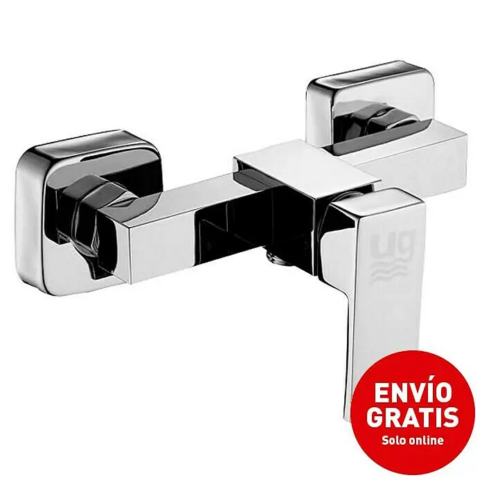 Universal de Grifería Amazonas Grifo monomando de ducha - Cromo, Resplandeciente - Primer plano de un grifo cromado moderno y brillante con un diseño cuadrado y una pegatina promocional para el envío gratuito online.