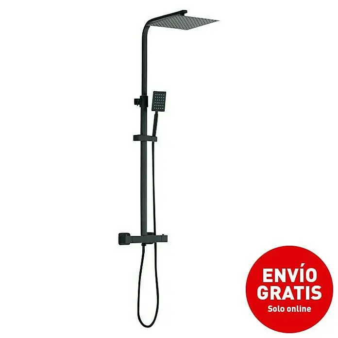 Universal de Grifería Sistema de ducha Boal - Con grifo termostático, Número de tipos de chorro: 1 ud., Negro - Imagen de un grifo de ducha negro con rociador y teleducha. El conjunto ofrece un diseño moderno para cada baño.