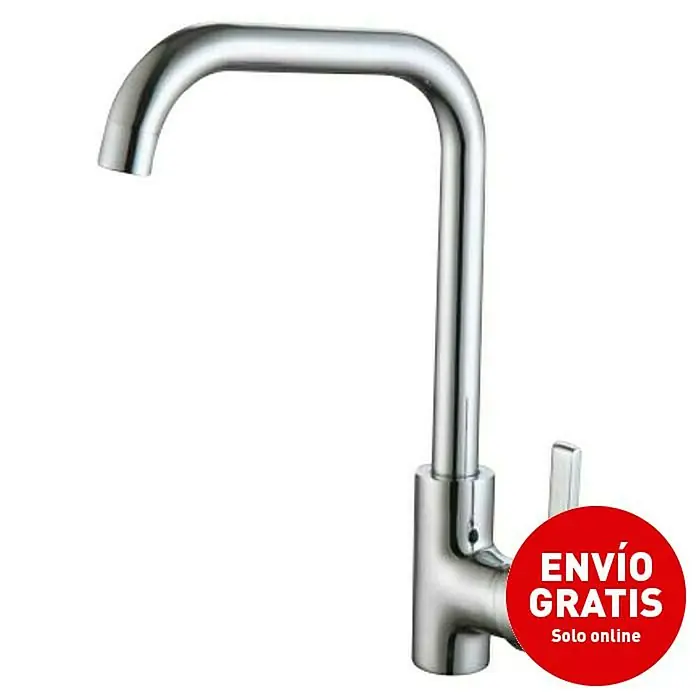 Universal de Grifería Grifo de cocina Miño - Cromo, Brillante - Primer plano de un moderno grifo cromado para la cocina o el baño, que destaca por su diseño elegante.