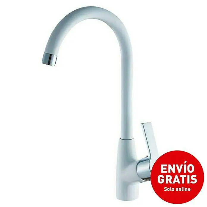 Universal de Grifería Grifo de cocina White - Blanco, Mate - Primer plano de un moderno grifo de cocina blanco con un elegante caño curvo y una maneta lateral.