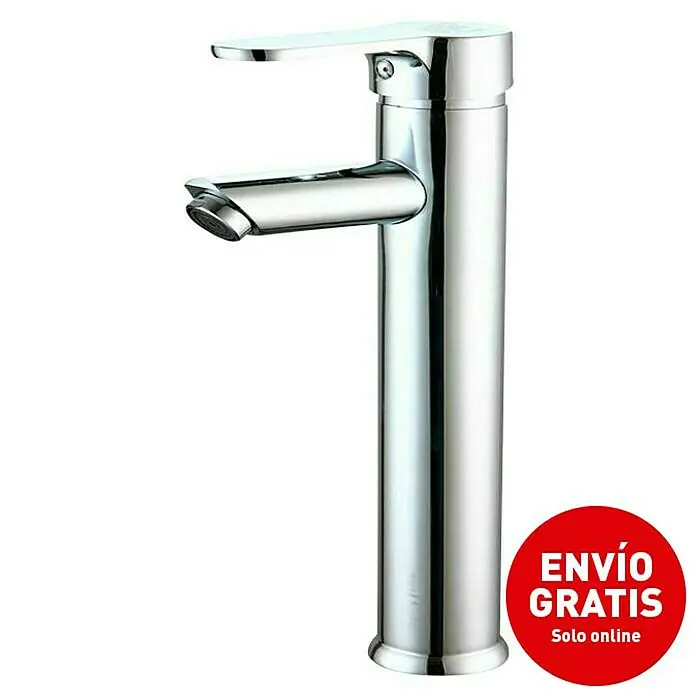 Universal de Grifería Ganges Grifo de lavabo alto - Cromo, Brillante - Se muestra un elegante grifo mezclador alto para lavabo con acabado cromado, ideal para baños modernos. Cuenta con una sola palanca y diseño minimalista.