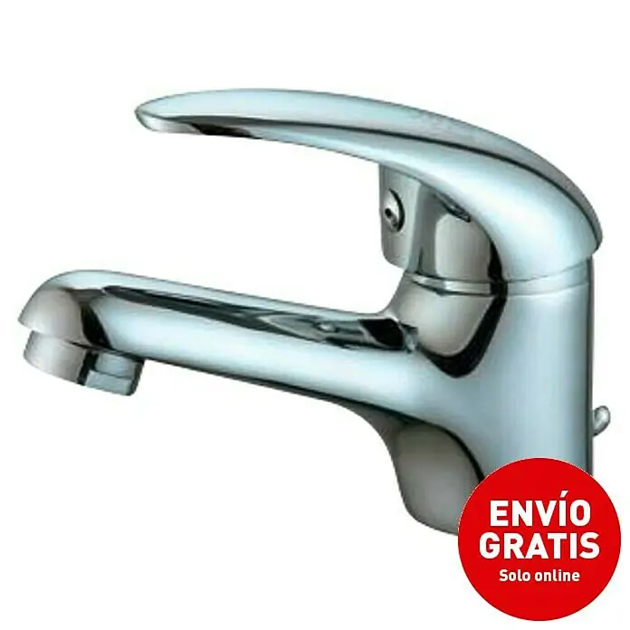 Universal de Grifería Aire Grifo de lavabo - Cromo, Brillante - Primer plano de un grifo de baño cromado brillante que muestra un diseño elegante y moderno, adecuado para lavabos.