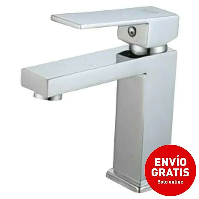 Universal de Grifería Duraton Grifo de lavabo - Cromo, Brillante - Imagen de un grifo moderno con un diseño angular adecuado para un baño o una cocina. Es de color plateado con líneas limpias.