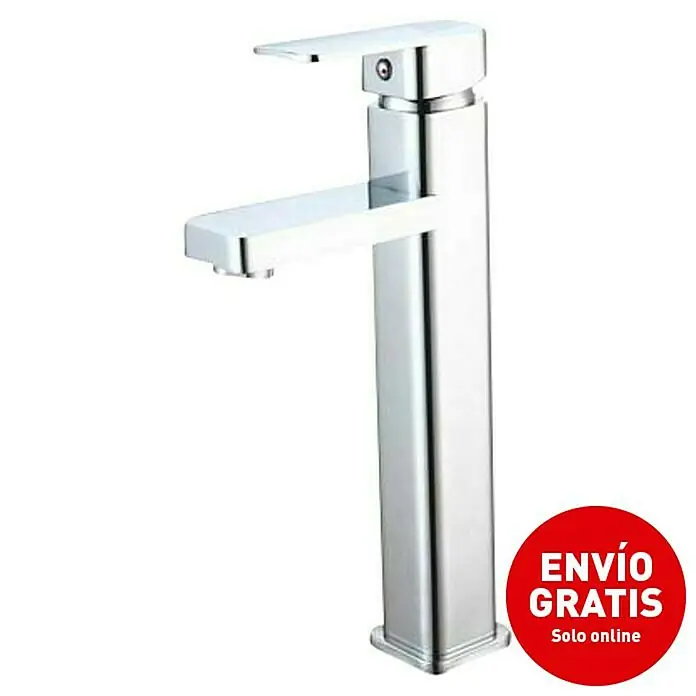 Universal de Grifería Grifo de lavabo caño alto Curvas - Cromo, Brillante - Imagen de un grifo de baño cromado brillante con un diseño moderno y cuadrado y una etiqueta publicitaria de envío gratuito.
