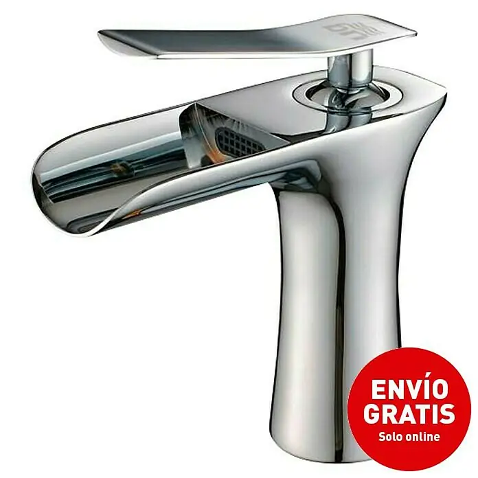 Universal de Grifería Grifo de lavabo Virginia - Cromo, Brillante - Primer plano de un elegante grifo cromado con un diseño moderno. Ideal para cualquier baño, mejorando su estilo y funcionalidad.