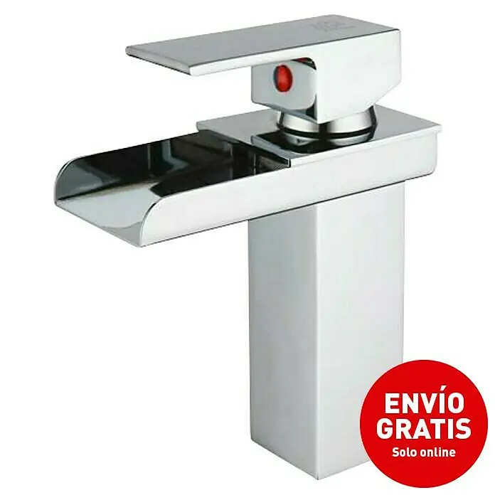 Universal de Grifería Grifo de lavabo Poveda - Cromo, Brillante - Imagen del producto: Grifo moderno cromado con caño plano y detalles en rojo para un diseño de baño elegante.