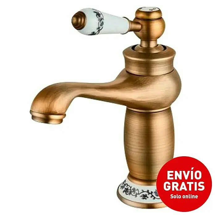 Universal de Grifería Grifo de lavabo Neoclasico - Bronce, Mate - Elegante grifo con acabado en bronce antiguo y manija de porcelana blanca y azul. Un detalle de estilo para cualquier baño.