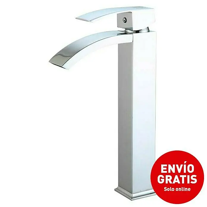 Universal de Grifería Obi Grifo de lavabo caño alto - Cromo, Brillante - Imagen de un grifo mezclador de lavabo alto cromado con caño curvo y base cuadrada.
