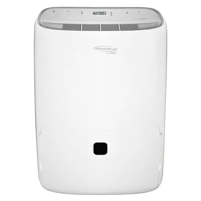 TCL Deshumidificador eléctrico DEA 25 - 350 W, Potencia de deshumidificación: 25 l/día, L x An x Al: 42 x 32 x 53,5 cm, Blanco - Un deshumidificador Soleusair blanco con pantalla digital en la parte superior.