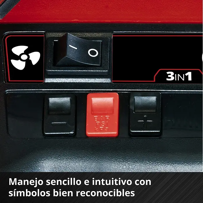 Einhell PXC 18V Compresor de batería PRESSITO 18/21 - 10,3 bar, 18 V, Sin batería - Primer plano de los controles de un dispositivo 3 en 1, con ventilador, interruptor de encendido/apagado, pantalla y botones.
