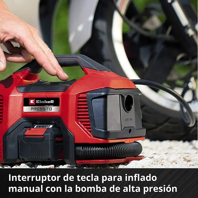 Einhell PXC 18V Compresor de batería PRESSITO 18/21 - 10,3 bar, 18 V, Sin batería - Aquí está el compresor híbrido inalámbrico Einhell Pressito de 18 V, una herramienta práctica para inflar neumáticos y balones.
