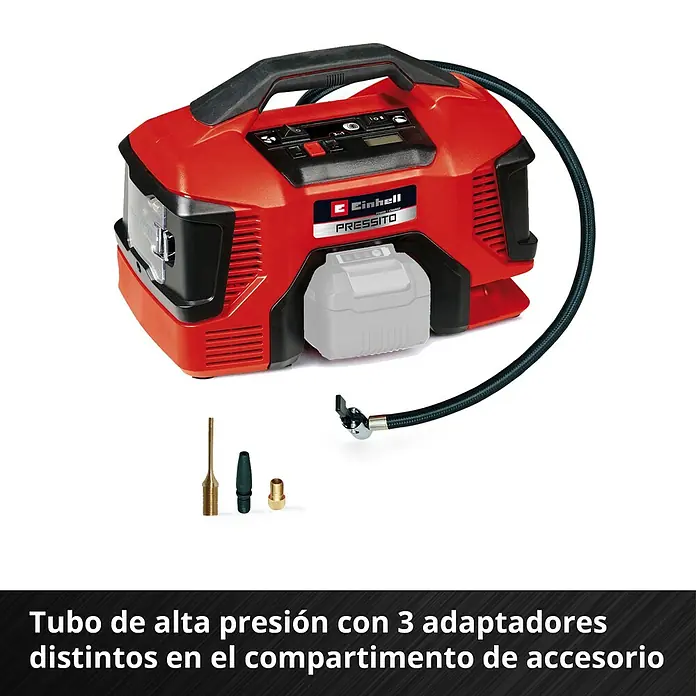 Einhell PXC 18V Compresor de batería PRESSITO 18/21 - 10,3 bar, 18 V, Sin batería - Compresor inalámbrico Einhell PRESSITO con manguera de alta presión y 3 adaptadores para inflado versátil.