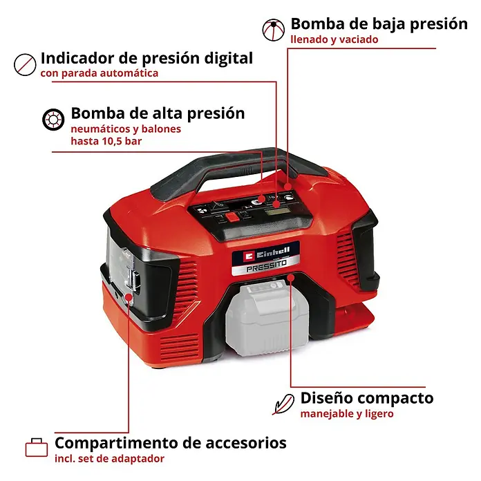 Einhell PXC 18V Compresor de batería PRESSITO 18/21 - 10,3 bar, 18 V, Sin batería - Imagen de una bomba híbrida inalámbrica roja Einhell Pressito 18V con manómetro digital y compartimento para accesorios para aplicaciones flexibles.
