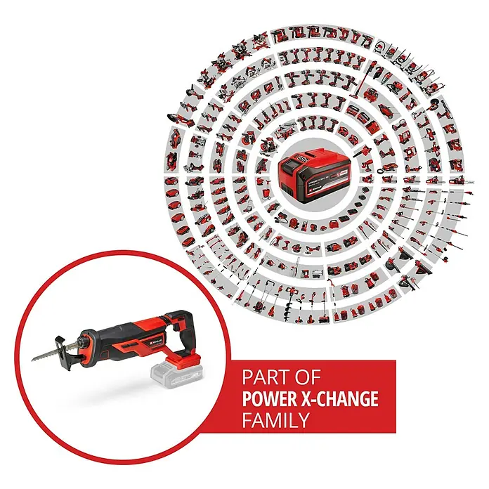 Einhell PXC 18V Sierra de sable de batería TE-AP 18/26 Li - Solo - 18 V, Sin batería, 0 /min - 2.600 /min - Familia de herramientas inalámbricas Einhell Power X-Change, incluyendo una sierra de vaivén. Este sistema ofrece una variedad de herramientas que comparten la misma batería.