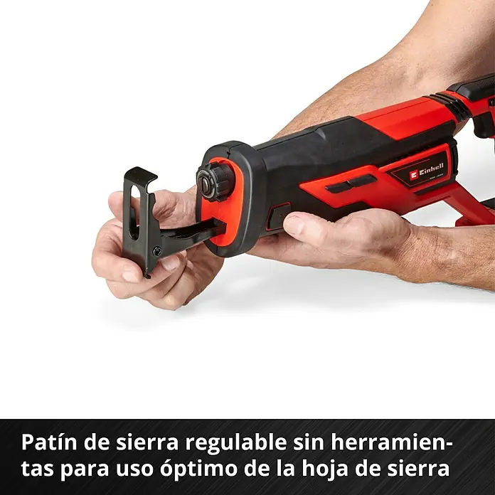 Einhell PXC 18V Sierra de sable de batería TE-AP 18/26 Li - Solo - 18 V, Sin batería, 0 /min - 2.600 /min - Primer plano de una sierra de sable inalámbrica Einhell roja con zapata de sierra ajustable para un uso óptimo de la hoja.
