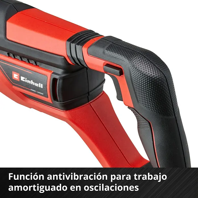 Einhell PXC 18V Sierra de sable de batería TE-AP 18/26 Li - Solo - 18 V, Sin batería, 0 /min - 2.600 /min - Primer plano de una herramienta eléctrica Einhell roja con mango negro y función antivibración para un trabajo cómodo.