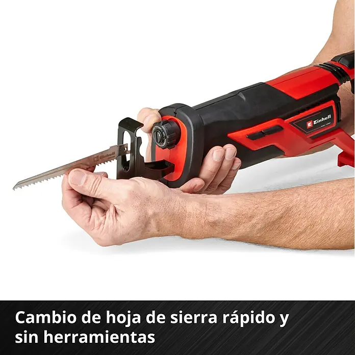 Einhell PXC 18V Sierra de sable de batería TE-AP 18/26 Li - Solo - 18 V, Sin batería, 0 /min - 2.600 /min - Se muestra una sierra de sable inalámbrica Einhell con cambio de hoja sin herramientas, para un reemplazo rápido y fácil.