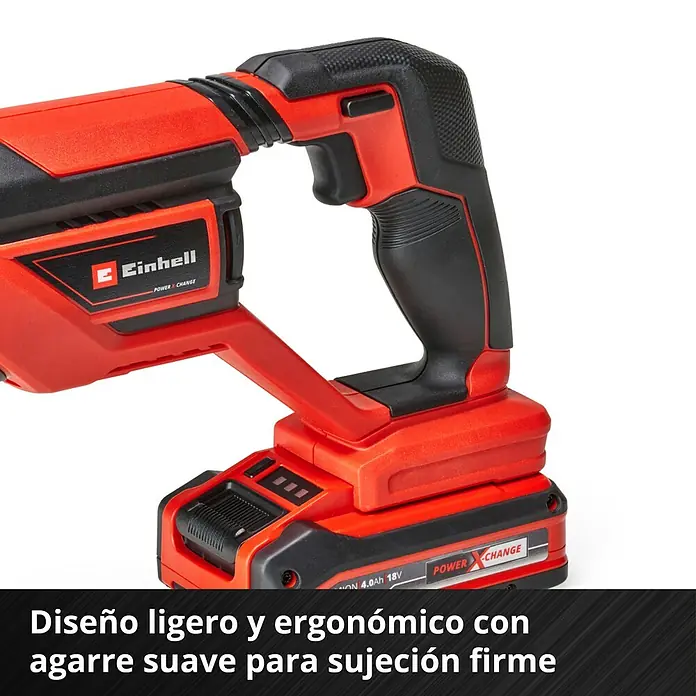 Einhell PXC 18V Sierra de sable de batería TE-AP 18/26 Li - Solo - 18 V, Sin batería, 0 /min - 2.600 /min - Primer plano de la sierra de sable a batería Einhell Power X-Change, con cuerpo rojo y diseño ergonómico para un agarre seguro.
