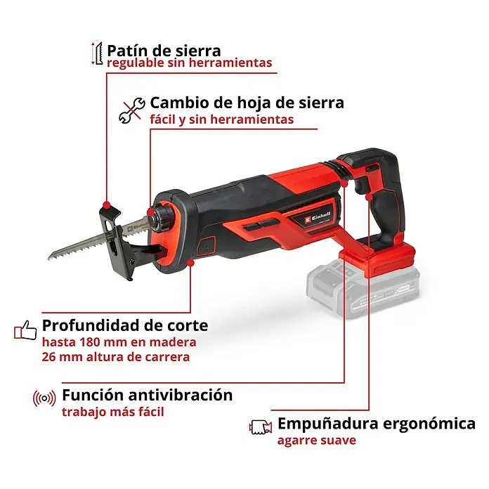 Einhell PXC 18V Sierra de sable de batería TE-AP 18/26 Li - Solo - 18 V, Sin batería, 0 /min - 2.600 /min - En la imagen se ve una sierra de calar inalámbrica Einhell roja con zapata de sierra ajustable, cambio de hoja sin herramientas y función antivibración.