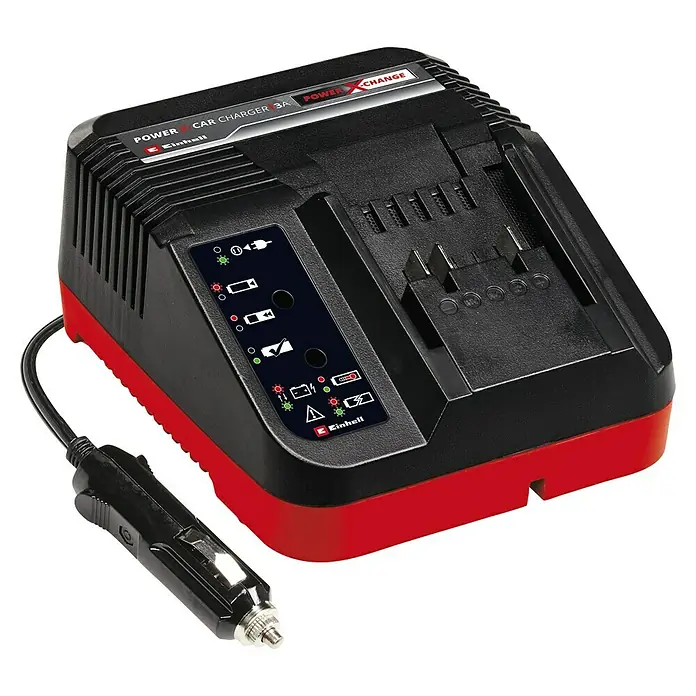 Einhell PXC 18V Cargador de baterías Power X-Car - 3.000 mA, Específico para: Baterías Einhell Power X-Change - Un cargador de coche Einhell Power X-Change 3A para cargar baterías en movimiento. Práctico para viajes y obras, con diversos indicadores de carga.