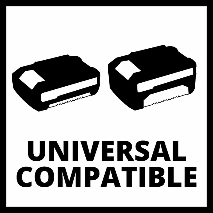 Einhell PXC 18V Cargador de baterías Power X-Car - 3.000 mA, Específico para: Baterías Einhell Power X-Change - La imagen muestra un signo de compatibilidad universal, con iconos de baterías estilizadas y el texto "UNIVERSAL COMPATIBLE".