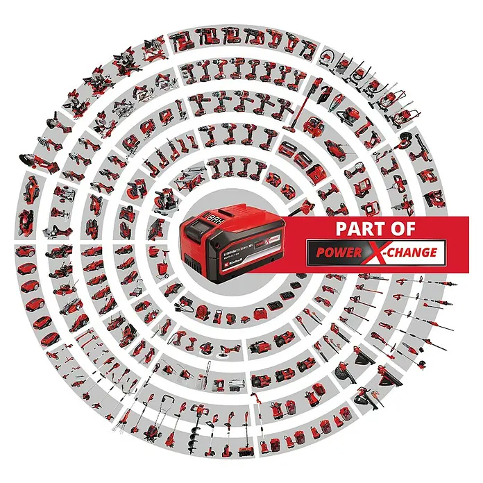 Einhell Professional Akku-Kettensäge GP-LC 36/40 - 36 V, Li-Ionen, Ohne Akku, Schwertlänge: 40 cm - Ein Einhell Power X-Change Akku, umgeben von einer Vielzahl kompatibler Werkzeuge. Der Akku bietet Flexibilität für verschiedenste Anwendungen.
