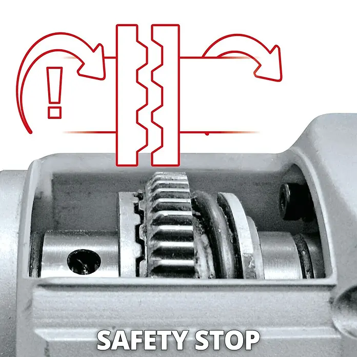 Einhell Martillo combinado TC-RH 620 4F Kit - 620 W, 2,2 J, Alojamiento SDS-Plus - La imagen muestra una vista detallada de un mecanismo de parada de seguridad con engranajes, enfatizando la seguridad y la precisión.