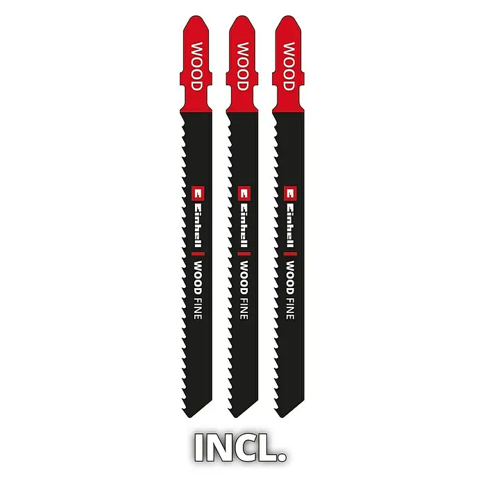 Einhell Sierra de calar TC-JS 80/1 Kit - 550 W, Número de carreras marcha en vacío: 1.000 /min - 3.000 /min - Imagen de tres hojas de sierra de calar Einhell para madera fina, aptas para trabajos precisos de carpintería.