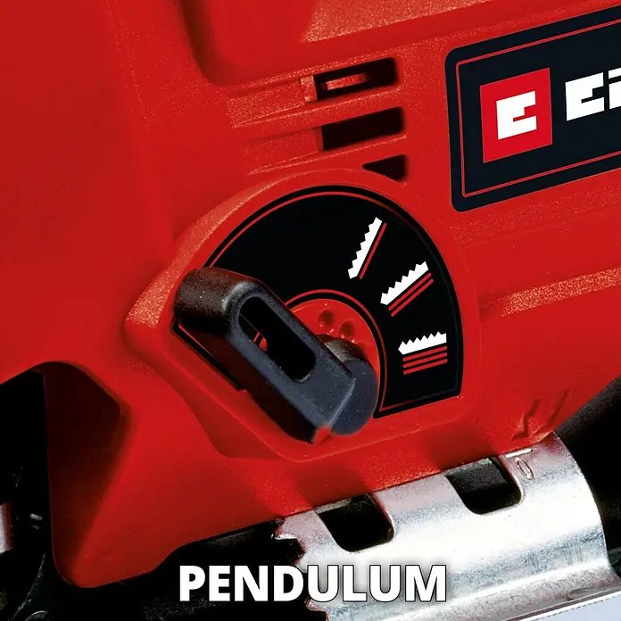 Einhell Sierra de calar TC-JS 80/1 Kit - 550 W, Número de carreras marcha en vacío: 1.000 /min - 3.000 /min - Vista detallada de una sierra de calar Einhell roja con ajuste de acción pendular.