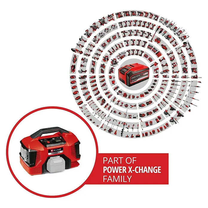 Einhell PXC 18V Compresor de batería PRESSITO 18/21 - 10,3 bar, 18 V, Sin batería - La imagen muestra el sistema de batería Einhell Power X-Change, que alimenta una amplia gama de herramientas y equipos de jardinería.\n