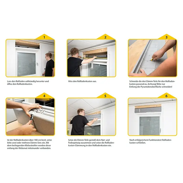 Schellenberg Dämmplatte - 1.000 x 280 x 13 mm, 3-tlg. - Schritt-für-Schritt-Anleitung zur Installation der Rollladenkasten-Dämmung, um Energieeffizienz zu verbessern und Wärmeverluste zu reduzieren.