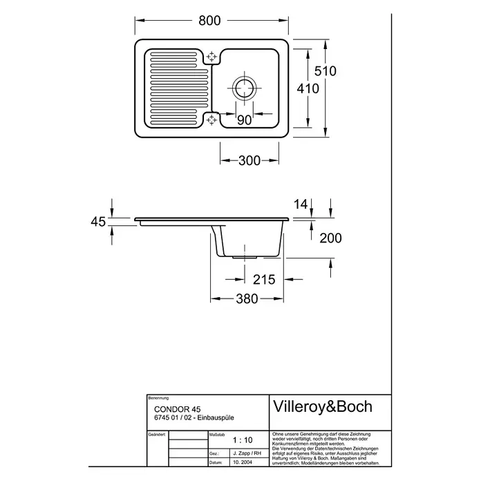 Villeroy & Boch Einbauspüle Condor - 80 x 51 cm, Keramik, Weiß - Technische Zeichnung einer Spüle mit Abtropffläche, inklusive Maßen.