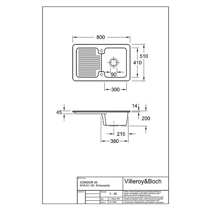 Villeroy & Boch Einbauspüle Condor - 80 x 51 cm, Steinzeug, Weiß
