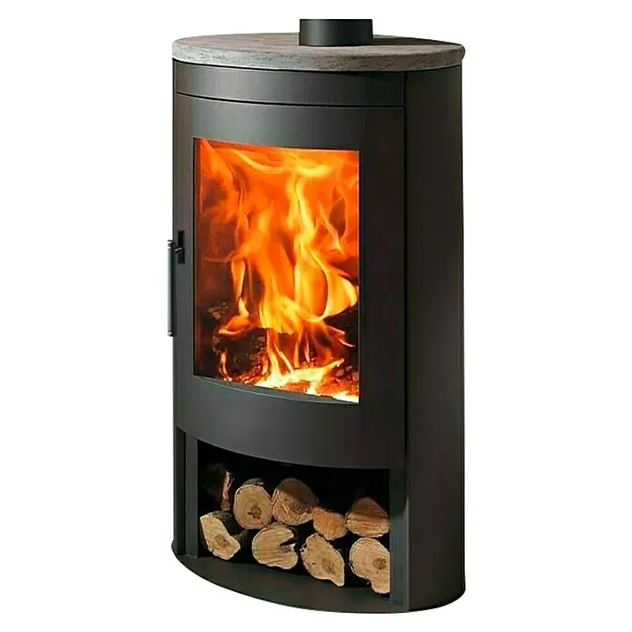 Panadero Estufa de leña Oval 1 Stone - 8,7 kW, Volumen de calefacción: 270 m³, Negro - Estufa de leña con fuego ardiente y leños en el compartimento inferior. Aporta calidez y confort a la estancia.