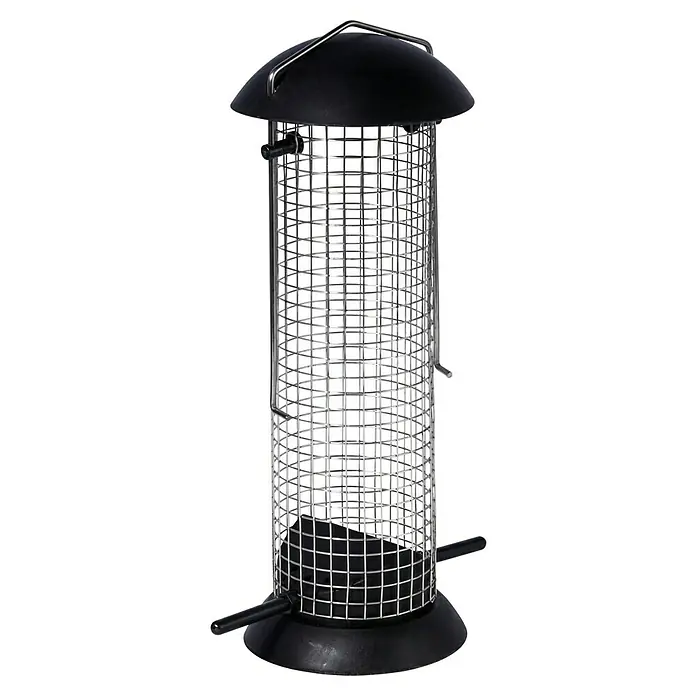 Dobar Futterspender für Nüsse - 9 x 9 x 23 cm, Metall - Ein Metall-Vogelhäuschen mit einem schwarzen Dach und Boden, ideal für die Fütterung von Wildvögeln im Garten.