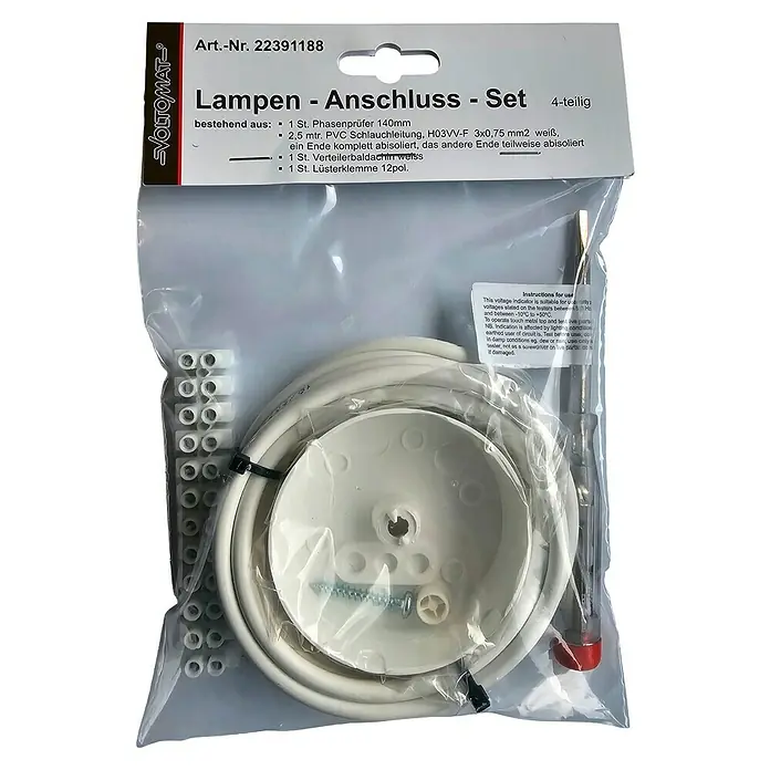 Voltomat Anschluss-Set für Lampen 4-teilig - Kabellänge: 2,5 m - Eine Lampenanschluss-Set-Verpackung von VOLTOMAT mit Schraubendreher, Kabel, Baldachin und Lüsterklemmen für den sicheren Lampenanschluss.