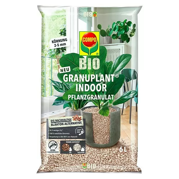 Compo Bio Pflanzengranulat Granuplant - 6 l - Transparenter Beutel COMPO BIO Granuplant Indoor Pflanzgranulat, 2-5mm, hellbeiger Bimsstein, mit Text zu nachhaltigen Eigenschaften.