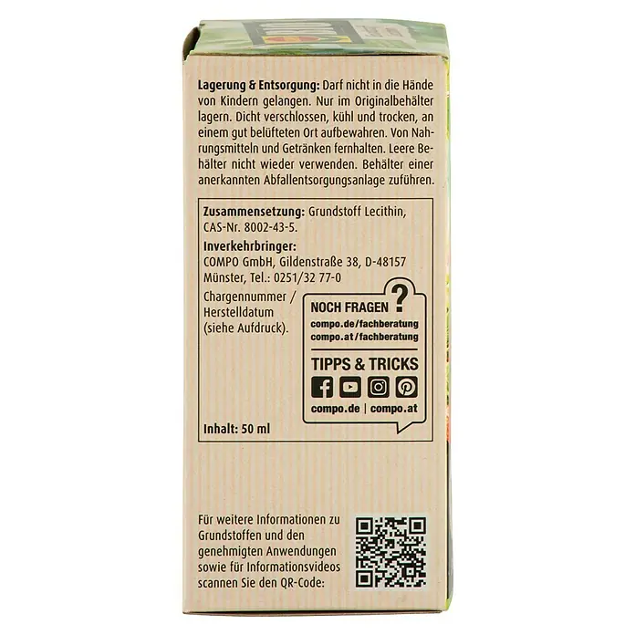 Compo Bio Grundstoff Lecithin - Nettovolumen: 50 ml - Nahaufnahme der Produktverpackung mit Informationen zu Lagerung, Entsorgung, Zusammensetzung und Kontaktinformationen.