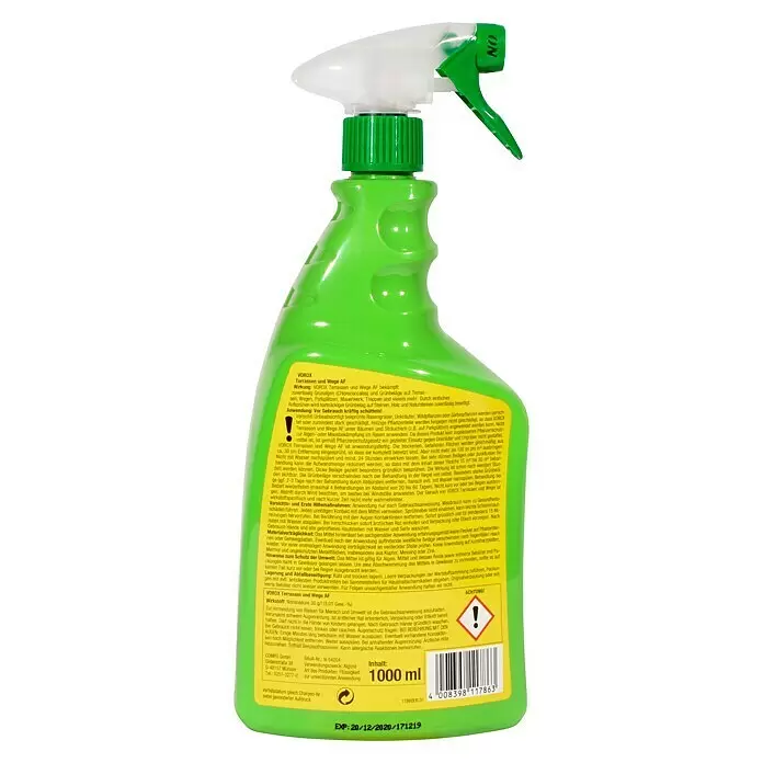 Compo Vorox Grünbelag-Entferner Terrassen & Wege AF - 1.000 ml - Grüne Sprühflasche mit weißem und grünem Sprühkopf, beschriftet „VOROX Terrassen und Wege AF“, Inhalt 1000 ml.